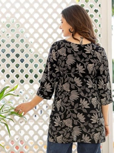 Image of Women's Cotton Printed Short Kurti, Round Neck, Three Quarter Sleeve, Straight Fit, Pack of 2