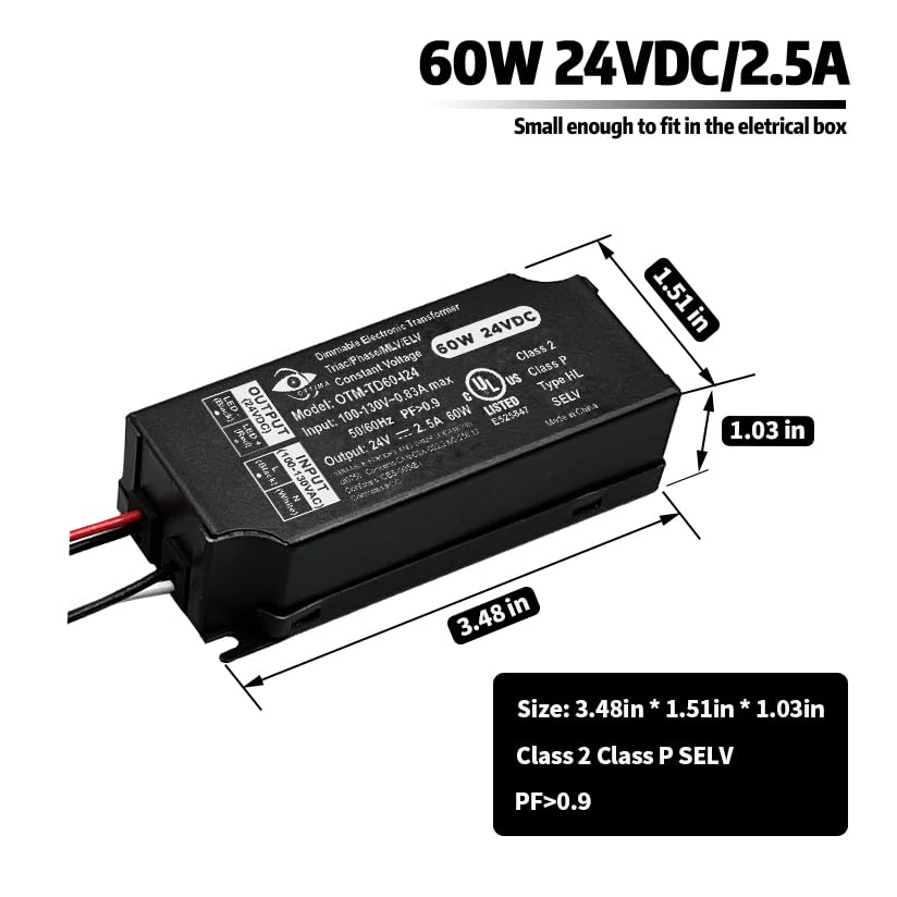Image of Dimmable LED Driver, 60W 24V Triac ELV /MLV Compatible Electronic Transformer, 100-130V AC to 24V DC Power Supply, Low Voltage Lighting Project, Smooth Dimming, UL Listed, Class 2