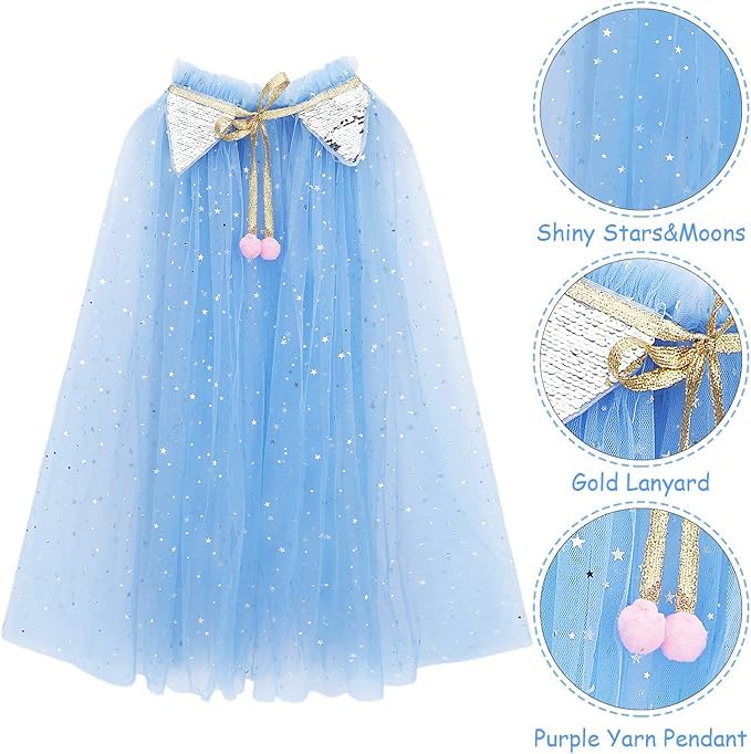 Image of Princess Cape for Girls - Colorful Sequin Cloak with Crown and Wand for Birthday, Halloween, Fancy Dress & Carnival