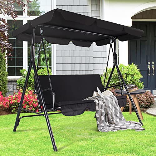 Coveronics 3-Person Porch Swing Chair, Adjustable Canopy Outdoor Swing With Steel Frame, 440 Lbs Patio Swing For Yard, Lawn, Garden, Pool, Indoor (Black) #TOP1