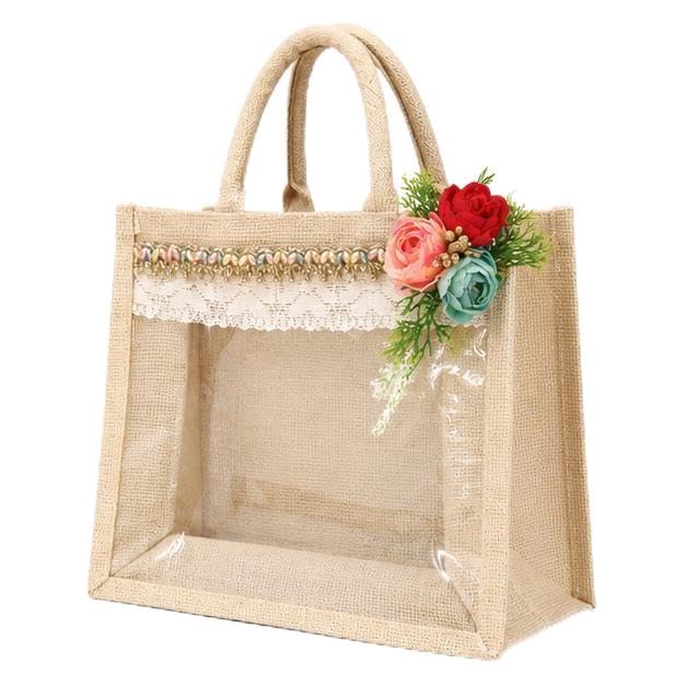 Jute Gift Hamper Bag with Transparent Window, Lace Border & Rope Handles for Wedding Return Gifts, Festive Gifting, Dry Fruits, Chocolates & Corporate Gifts, Natural Beige-image-26
