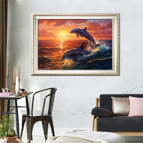 Image of Leczany Cross Stitch Stamped Kit for Adults - Two Dolphins | DIY Embroidery Starter Patterns Craft Kit Needlepoint for Beginner | 11CT, 3 Strands | 18.9x12.6 inches