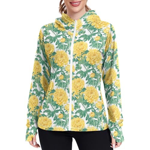 Womens Sun Protection Hoodie Jacket Lightweight Long Sleeve Zip Up Jackets for Women Clothing for Hiking Golf Cycling XXL Yellower Flowers