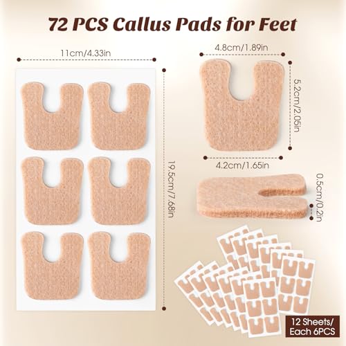 Image of Callus Cushions for Feet 72PCS, U Shape Metatarsal Pads, Soft Felt Adhesive Corn Pads for Bottom of Foot, Heel Protectors for Pain Relief, Portable Callus Pads for Women Men