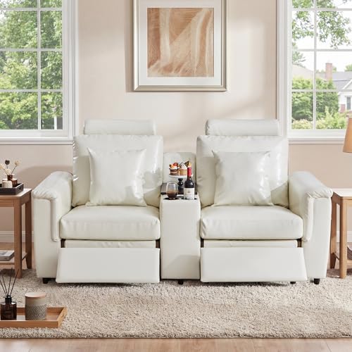 Image of RARZOE Modular Sofa Console Module with Storage, Faux Leather Storage Console with Table &USB Port&Cup Holder, Modular Sectional Sofa Module for Living Room Home Theater,Beige