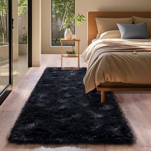Black Rug for Bedroom 2x6 Feet - Ultra Soft Faux Fur Area Rug - Plush Non-Slip Shaggy Carpet for Living Room, Cozy Fluffy Floor Rug for Home Decor