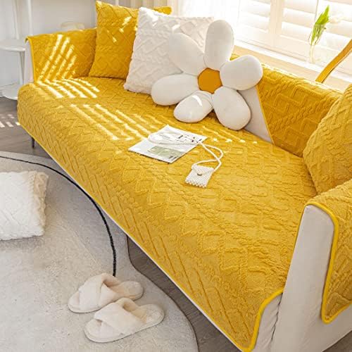 vctops Geometric Jacquard Plush Sofa Couch Covers Farmhouse Neutral Non Slip Sectional Couch Cover Soft Warm Sofa Slipcover for Dogs, Children, Pets Furniture Protector (Yellow,28"x28")