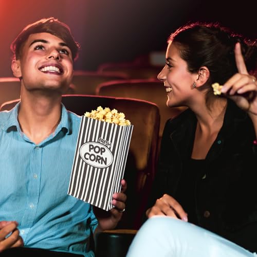 Image of Potchen 200 Pcs Paper Popcorn Bags Bulk 2 oz Large Individual Serving Popcorn Bag Flat Bottom Disposable Container Vintage for Movie Night Themed Summer Back to School Party Carnival (Black)
