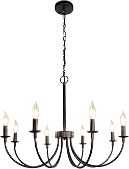 Black Farmhouse Chandeliers, 8 Light Rustic Iron Chandeliers, Classic Candle Ceiling Hanging Pendant Light Fixture for Living Room, Kitchen Island, Foyer, Dining Room Lighting Fixtures