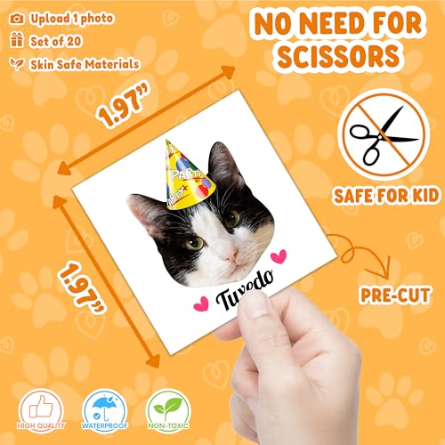Image of Custom Cat Face Temporary Tattoos | Personalized Pre-Cut Photo, Birthday Hat and Cat Name or Text, Set of 20, Funny Party Favors, Cat Lovers