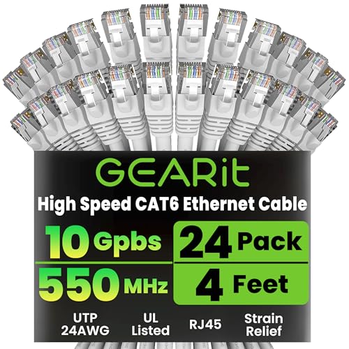 GearIt 24�{�Z�b�g, Cat6 ���� LAN�P�[�u��/�C�[�T�l�b�g�p�b�`�P�[�u�� 1.2m 4 Feet - Snagless RJ45 Computer LAN Network Cord, �z���C�g - Compatible with 24 48