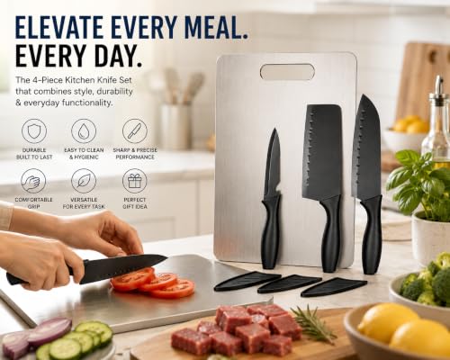 Image of Kitchen Knife Set with Steel Cutting Board | 3 Pcs Kitchen Knives Black Coated Stainless Steel Blades with Covers | Food Grade Steel Chopping Board for Vegetables, Fruits & Meat