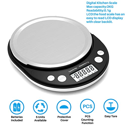 Digital Food Scale, 6.6Lb Kitchen Scale Readability 0.1G/0.003 Oz, Food Scales Digital Weight Gram And Oz Cooking Scale With Protective Cover/Tray #TOP1