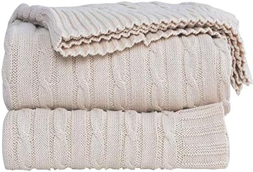 Knitted Throw Blanket 100% Cotton Home Bed Blanket,51x70 Inch Soft Cozy Lightweight Cable Knit Blanket Suitable for Sofa Couch Bed Chair Car Office Travel (Beige, Diamond Pattern)