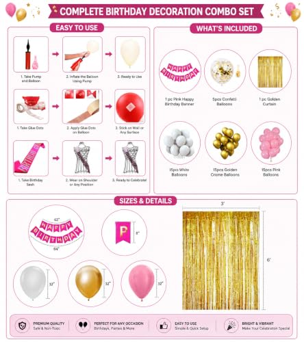 Image of Birthday Decoration Set 55 Pc, Birthday Decoration, Multiple Balloons, Curtains, Air Pump, Glue & Tapes for Party Bday Decoration Items Kit for Kids, All in one Pack