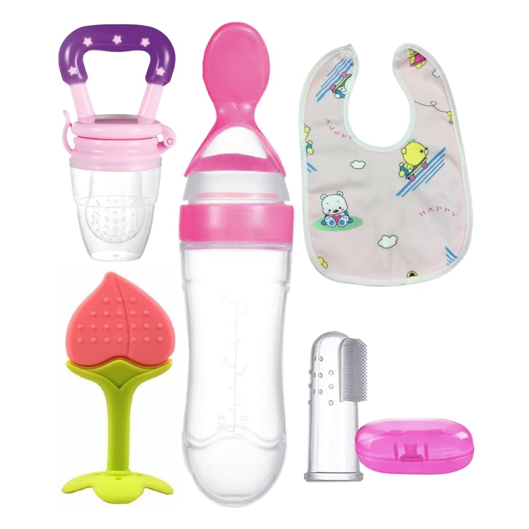 ROFORUF Infants Fruit Feeder 1Pc, Silicone Baby Food Dispensing Spoon 90Ml 1Pc, Fruit Shape Teether 1Pc, Finger Tooth Brush 1Pc And Baby Bib 1Pc (Combo Of 5 (2)),Assorted-image-31