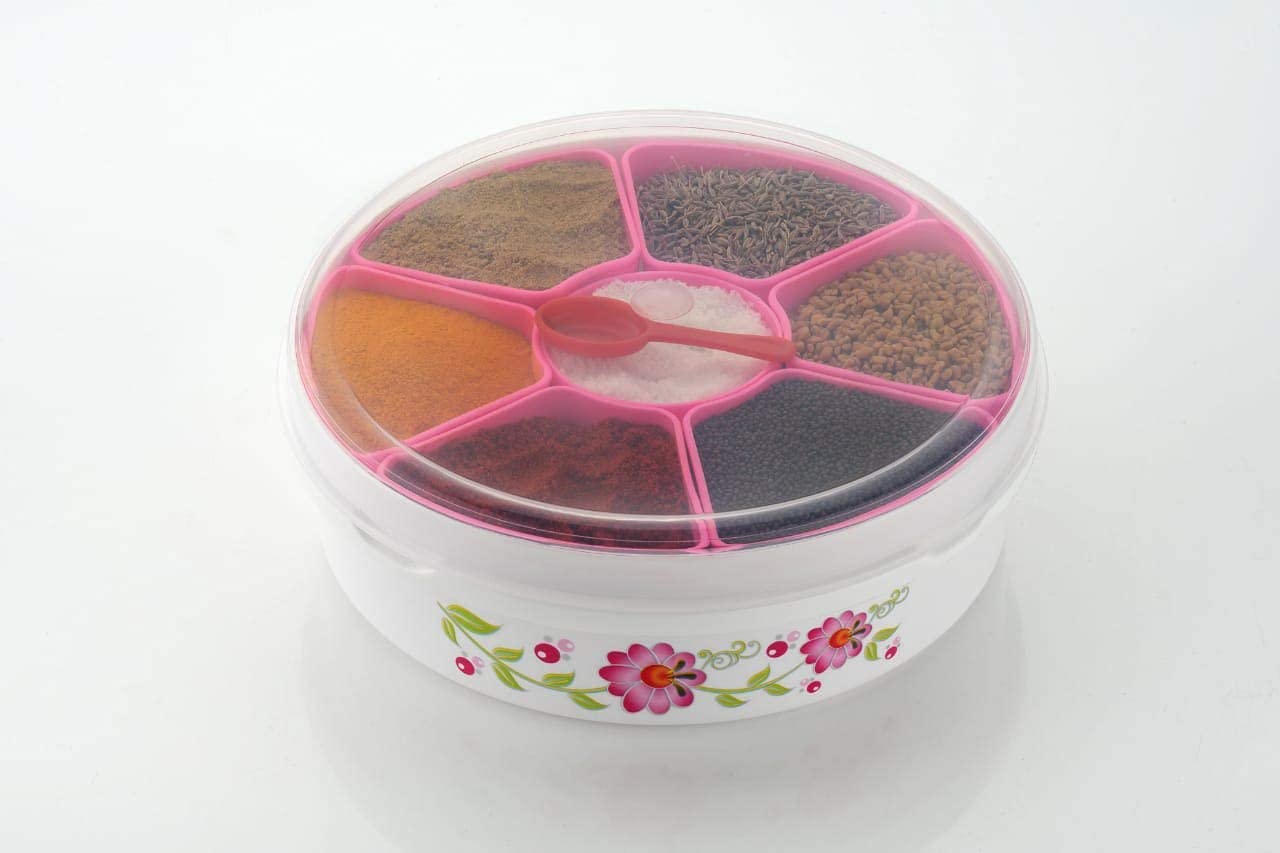 QUISTAL Plastic Masala Box for Kitchen | 7 Sections Airtight Spice Box Container With Spoon (Pink)