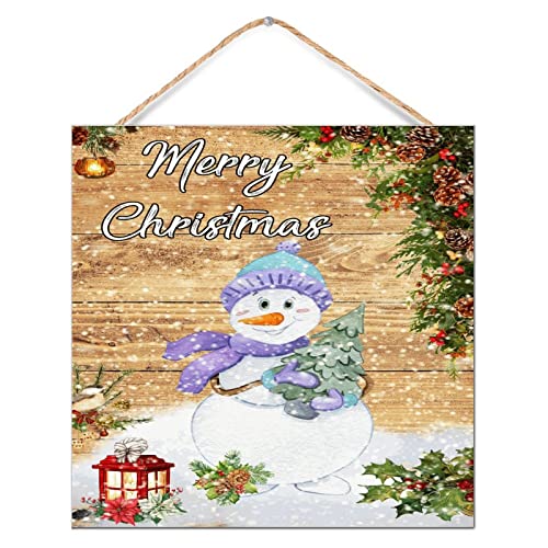 Panneau en bois Joyeux Noël bonhomme de neige rustique givré pour porte 30,5x30,5 cm