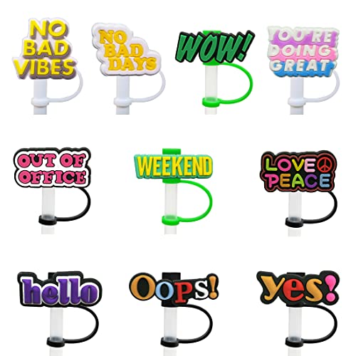Silicone Word Straw Cover - 10 Pack Cute Reusable Drinking Straw Caps Lids Dust-Proof Straw Plugs For Straw Tips For Home Kitchen Accessories (Word Straw Cover) #TOP1