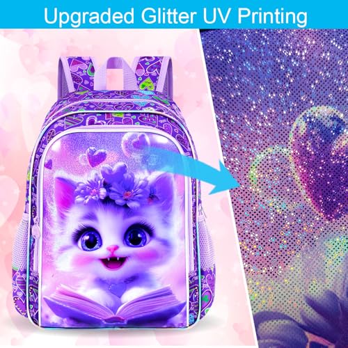 Image of CCJPX 3Pcs Cat Backpack for Girls, 16 inch Kids Bookbag with Lunch Box, Water Resistant Elementary School Bag for Kindergarten Preschool Toddler (Purple)