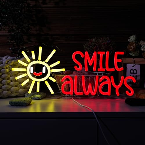 Image of Smile Always Neon LED Sign with Happy Sun Red Yellow Sunshine Gift for Friends Kids Teenagers Positive Quote for Classroom, Office, Bedroom, Man cave, School Nursery Wall Decor
