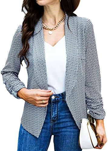 POGTMM Womens Fall Clothes Blazer Jacket Lightweight Plaid Business Casual Work Tops 3/4 Sleeve(Black Plaid,L)