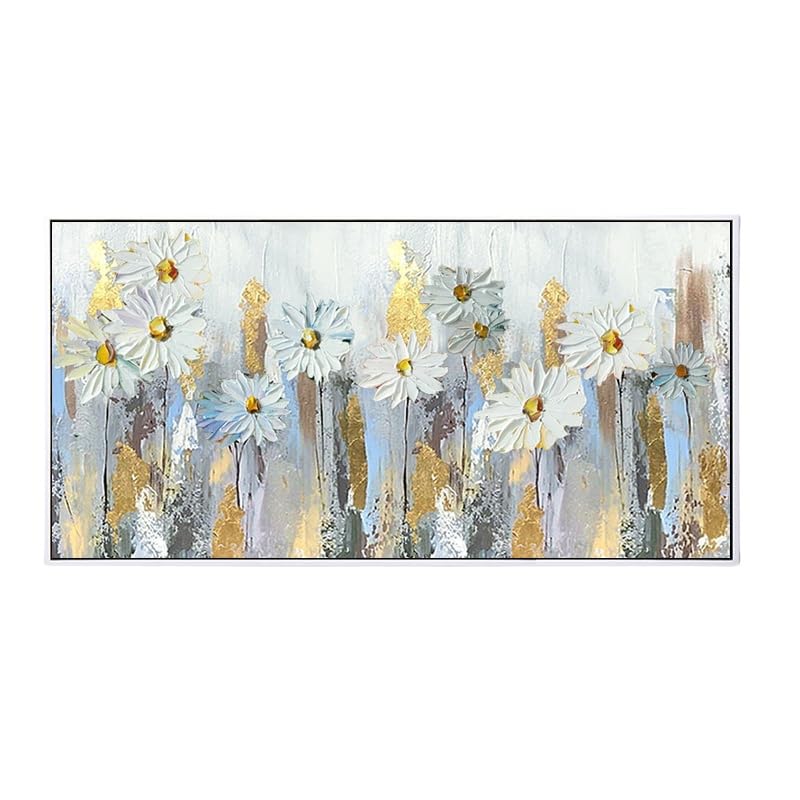 LCDIUDIU White Texture Daisy Flower Gold Foil Modern Large No Frame Original Hand Painted Oil Paintings On Canvas Wall Art For Living Room Bedroom Office Home Decor 150X300Cm(60X120Inch)