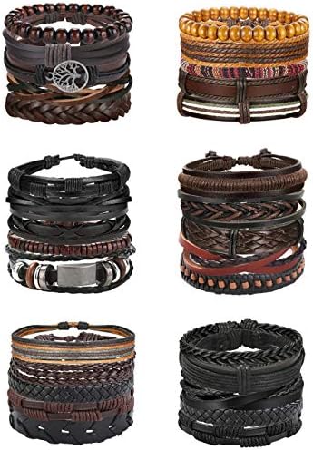 Florideco 30PCS Braided Leather Bracelets for Men Women Wrap Wood Beads Bracelet Woven Ethnic Tribal Rope Wristbands Bracelets Set Adjustable (A:30PCS Style A)