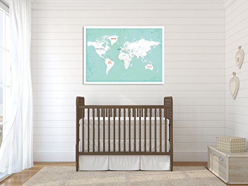 World Map Wall Art Poster (24" X 18") - Unframed Aqua And White Color World Map Wall Decor - Full Map Of Countries Of The World Art - Beautiful Map Of The World Gift #TOP6