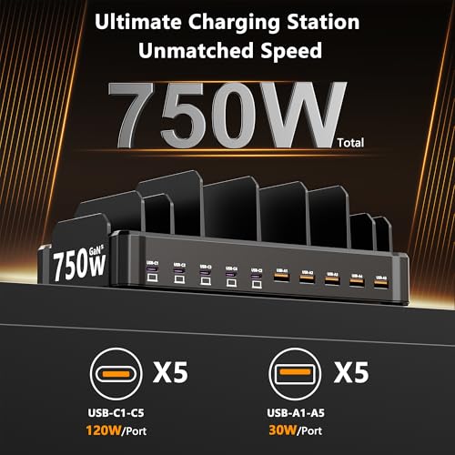 Image of 750W Charging Station for Multiple Devices, Zobirez 10-Port Fast Charger, 5 USB-C 120W Each and 5 USB-A 30W Each, Desktop Charging Hub for Laptop Phone Tablet, Black