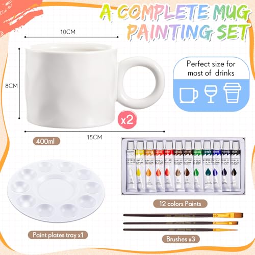 Image of Geiserailie Mug Painting Kit for Adults, Paint Your Own Ceramic Mug DIY Set with 2 Mugs, 12 Acrylic Paints, 3 Brushes & Palette Creative Gift for Graduation Mother's Day Birthday Party(Straight)