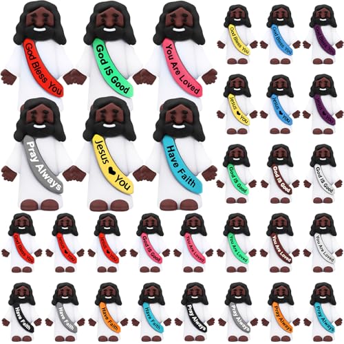 Bememo 25 Pcs Little Black Jesus Figures Original Design Mini Rubber Figures to Hide and Seek Religious Party Favors Sunday Baptism Gifts