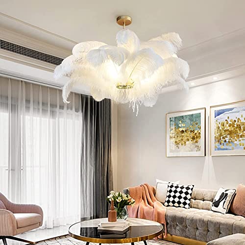 Grande Suspension Moderne en Plumes d'Autruche - Lustre Blanc élégant Avec Abat-Jour Globe pour Chambre de Fille