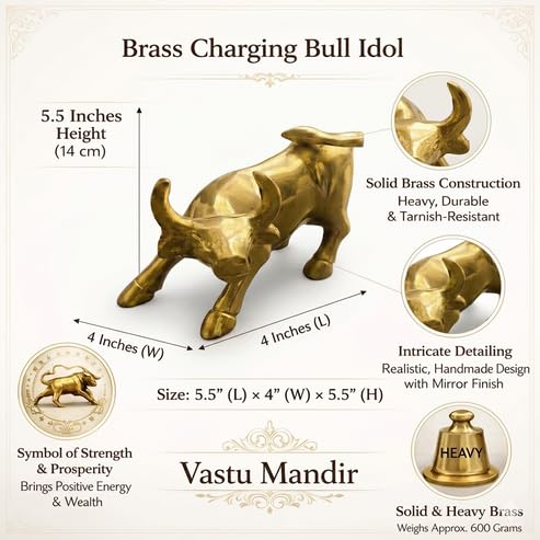 Image of Brass Charging Bull Statue, Vastu Remedy for Wealth & Career (14 cm, 540 g)