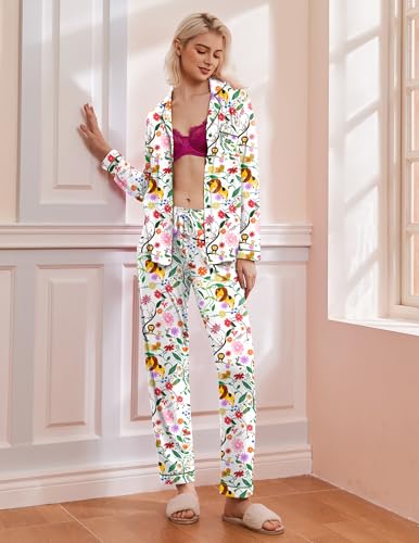 Image of Ekouaer Comfy Pajamas Set Long Sleeve Button Down Sleepwear Soft Two Piece Pjs for Women Set Casual Wear,White-Animal,L