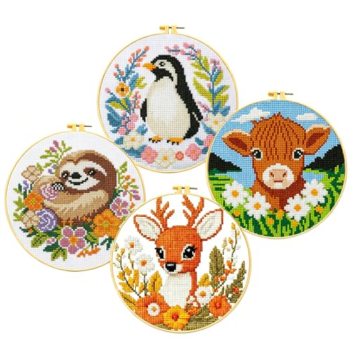 Image of Zhenqing 4-Piece Animal Cross Stitch Kit for Beginners - Complete Set with Pre-Printed 11CT 24x24cm Fabric, Hoop & Tools (Penguin, Sloth, Cow, Deer Designs)(70405)