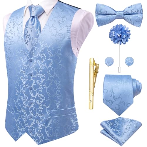 Hi-Tie Baby Blue Suit V-Neck Vests For Mens Jacquard Silk Vest Bow Tie Necktie Lapel Pin Gold Tie Clip Paisley Floral Waistcoat 8PCS Set Tuxedo Wedding Party