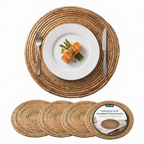 13 Inch Round Woven Placemats Set of 4, Rattan Style Charger Plates