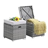 Patiorama 2 Piece Outdoor Patio Ottomans,All-Weather Grey PE Rattan Wicker Ottoman with Storage,Outdoor Footrest Footstool Seat w/Thick Cushion,Built-in Handle for Backyard Poolside Porch (Light Grey)