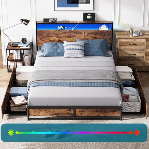 LINSY - Marco de Cama de tamaño matrimonial con cabecera ergonómica y 4 cajones, Marco de Cama de Montaje rápido con Luces LED y Cargador rápido, Marco de Cama Completo con Almacenamiento, sin Ruido,