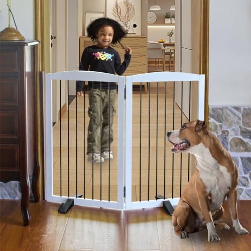 Freestanding-Panel-Dog-Gate-for-Indoor-DoorwaysStairs-or-HallwaysFoldable-Wooden-White-Dog-Gates-for-HousePet-Gate-for-DogsDog-Fence-Puppy-GateSupport-Feet-Included-32-Height-2-Panels