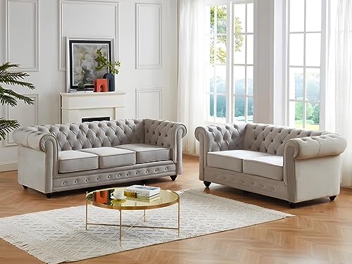 Vente-unique-Couchgarnitur 3+2 - Samt - Hellgrau - Chesterfield