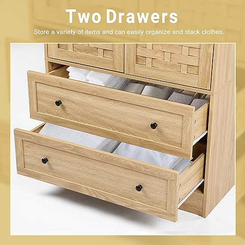 LEVNARY Armoire Wardrobe Closet with 2 Woven Doors, Wardrobe Cabinet with 2 Storage Drawers and Hanging Rail, Freestanding Wooden Closet for Bedroom (Natural)