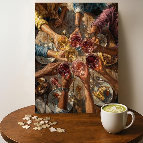 Wine Toast Cozy Dinner Gathering TIME Jigsaw Puzzle - 500 Pieces Wooden Puzzle for Adults, Wall Art Gift, Finished Size: 20 x 15 Inch