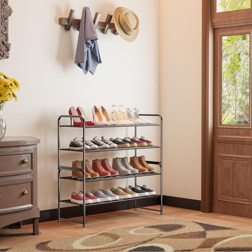 Image of 2 Pack Shoe Rack, 2-Tier Metal Stackable Shoe Shelf Storage Organizer, Heavy Duty Wire Shoe Stand for Entryway, Closet, Hallway, Holds 50 LBS, Black