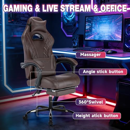 Image of Gaming Chair with Footrest and Massage Lumbar Support, Ergonomic Computer Gamer Chair, Office Video Game Chairs with Adjustable Height and Backrest (Coffee)