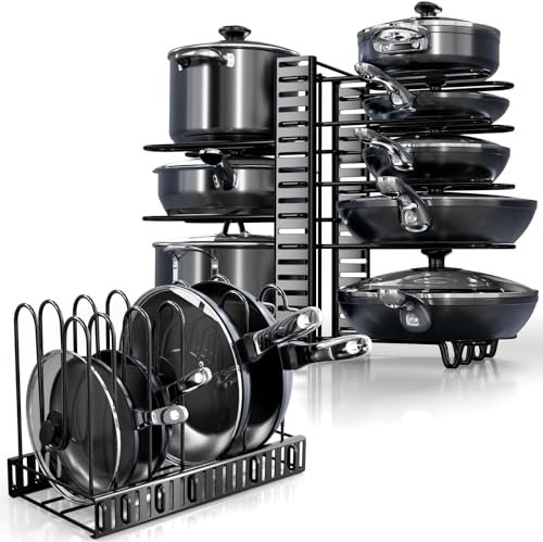 Image of 8 Tier Pot Organizers Rack with 3 DIY Methods, Adjustable Pan Organizer under Cabinet Kitchen Organization and Storage