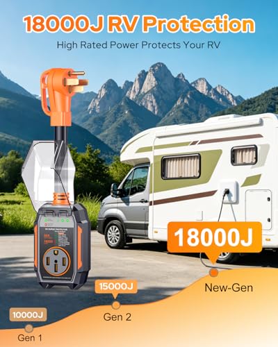 Image of GEARGO ๐๐๐๐ ๐๐๐ 50 Amp Surge Protector for RV, 18000 Joules Circuit Analyzer Adapter, IP68 Waterproof Voltage Protection, Heavy Duty RV Adapter Plug for Camper Travel Trailer