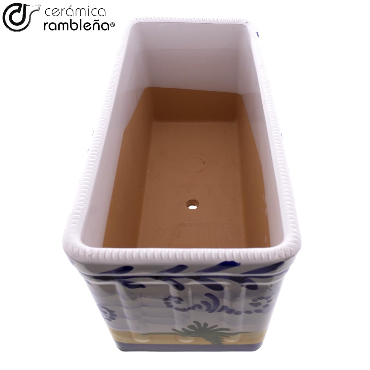 CERÁMICA RAMBLEÑA | Jardinera | Jardinera balcón | Jardinera Exterior | Jardinera Rectangular | Jardinera Decorado montería - Modelo J03 | 100% Decorada a Mano | 41x19x18 cm
