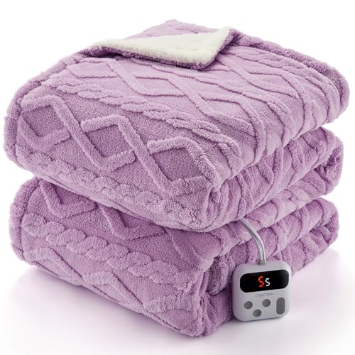 CAROMIO Electric Blanket Full Size - Thick Tufted Sherpa Heated Blanket Full Size with 10 Heating Levels and 10 Time Settings, ETL Certified Machine Washable Fast Heating Blanket Full 72"×84", Purple